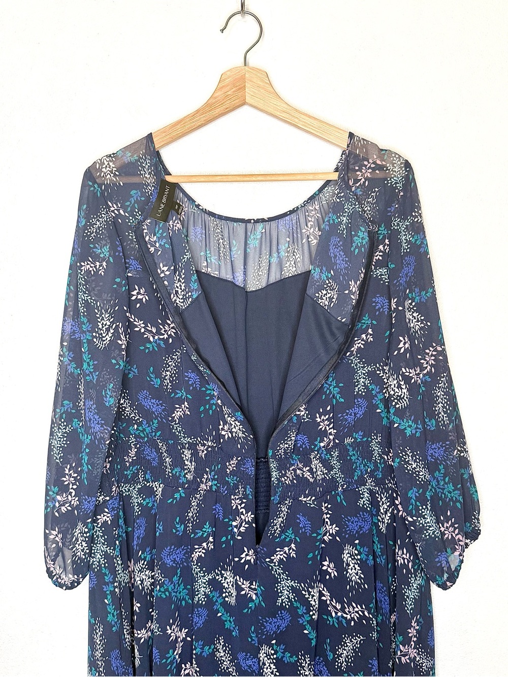 Lane Bryant Navy Blue Floral Chiffon Midi Dress Women's Plus Size 20P Smocked - Picture 14 of 16